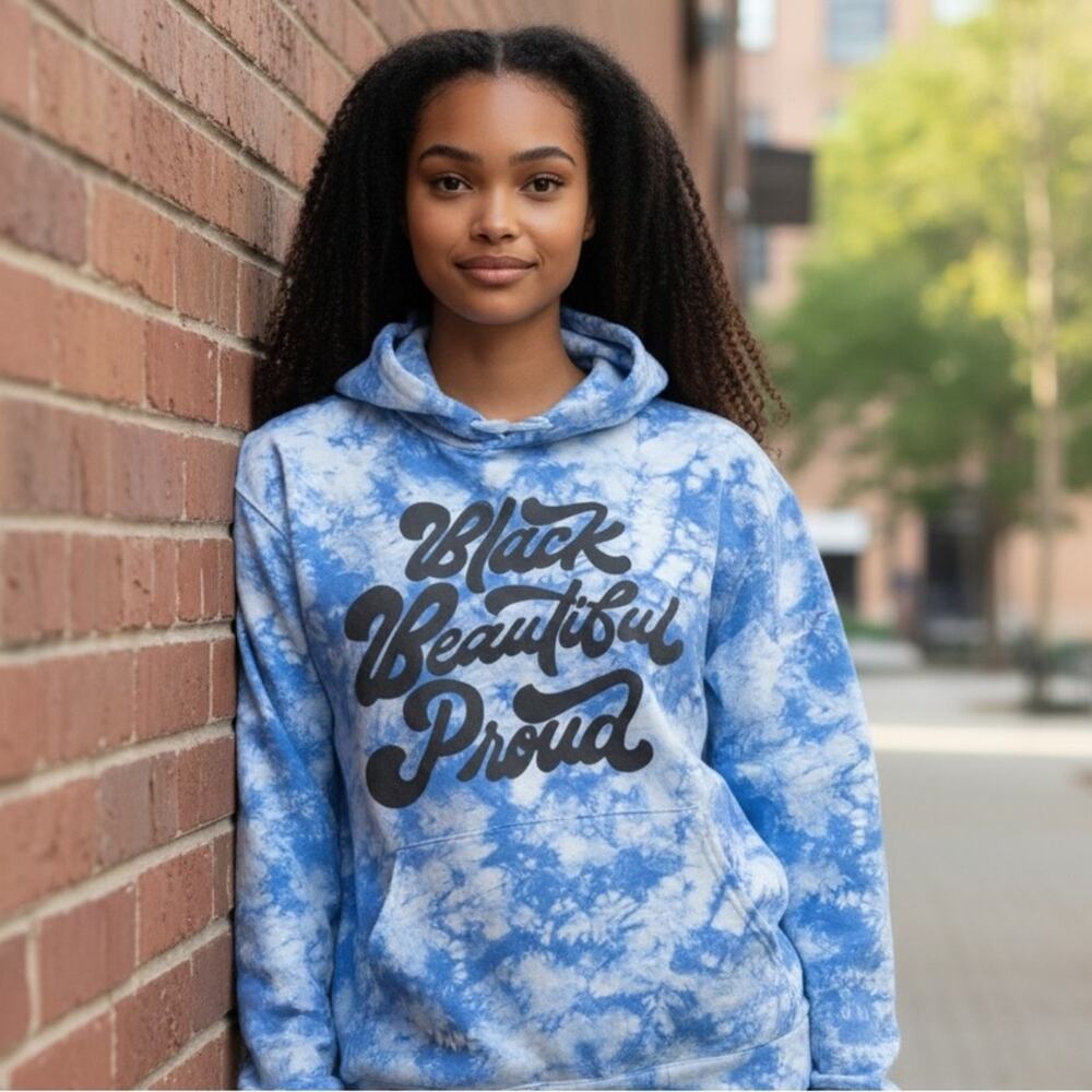 BLACK BEAUTIFUL PROUD Women’s Small Blue Tie Dye Hoodie Sweatshirt